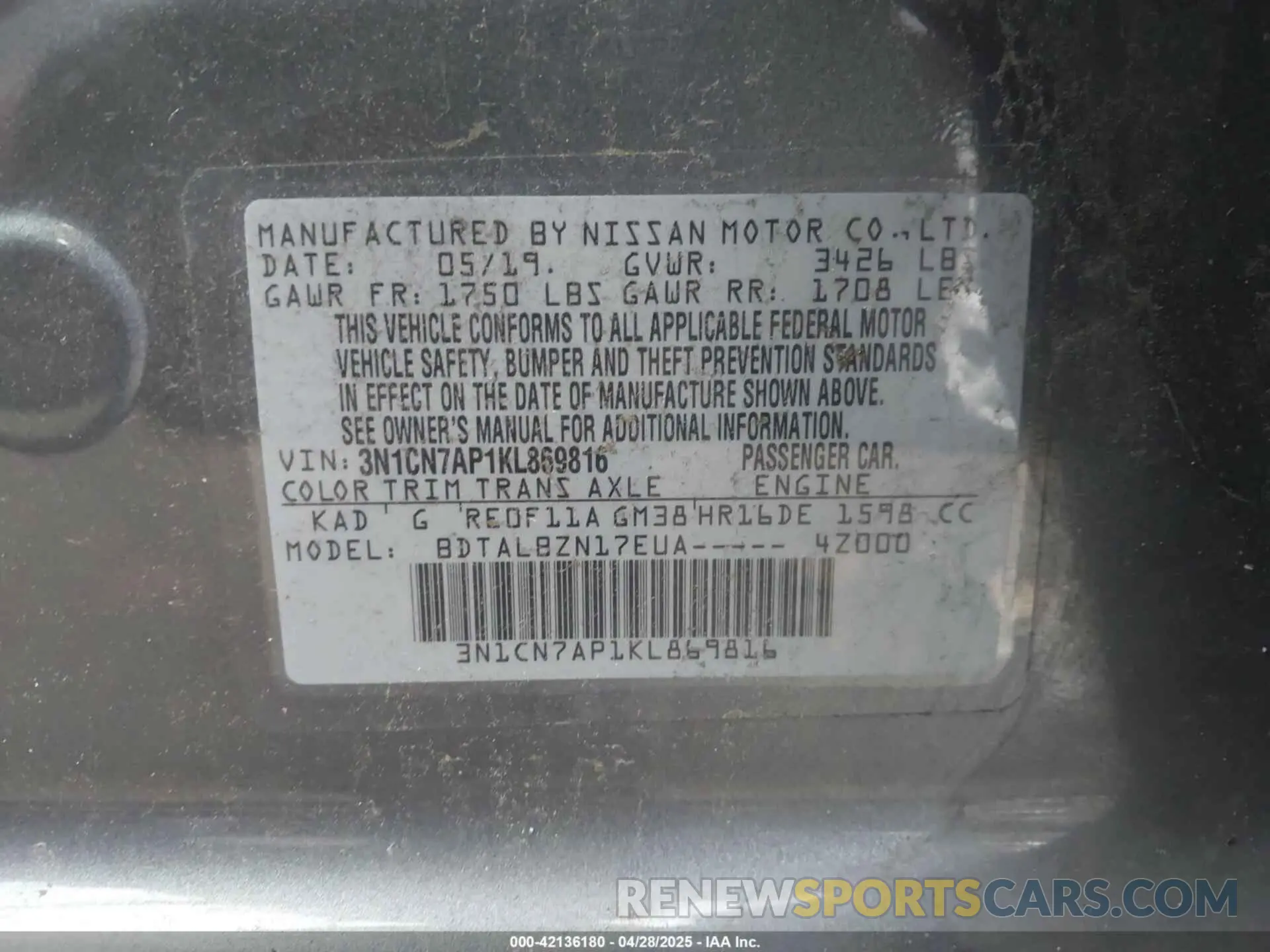 9 fotografías del automóvil dañado 3N1CN7AP1KL869816 NISSAN VERSA 2019