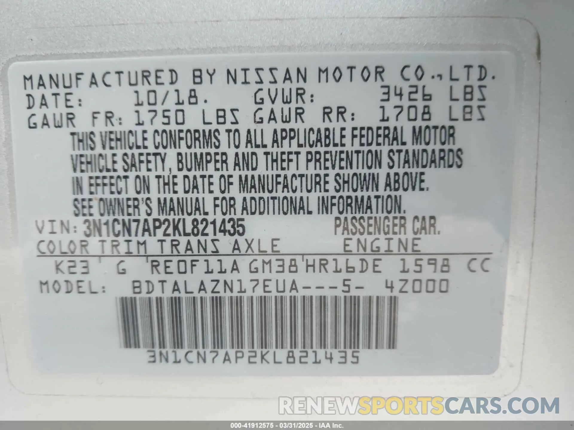 9 fotografías del automóvil dañado 3N1CN7AP2KL821435 NISSAN VERSA 2019