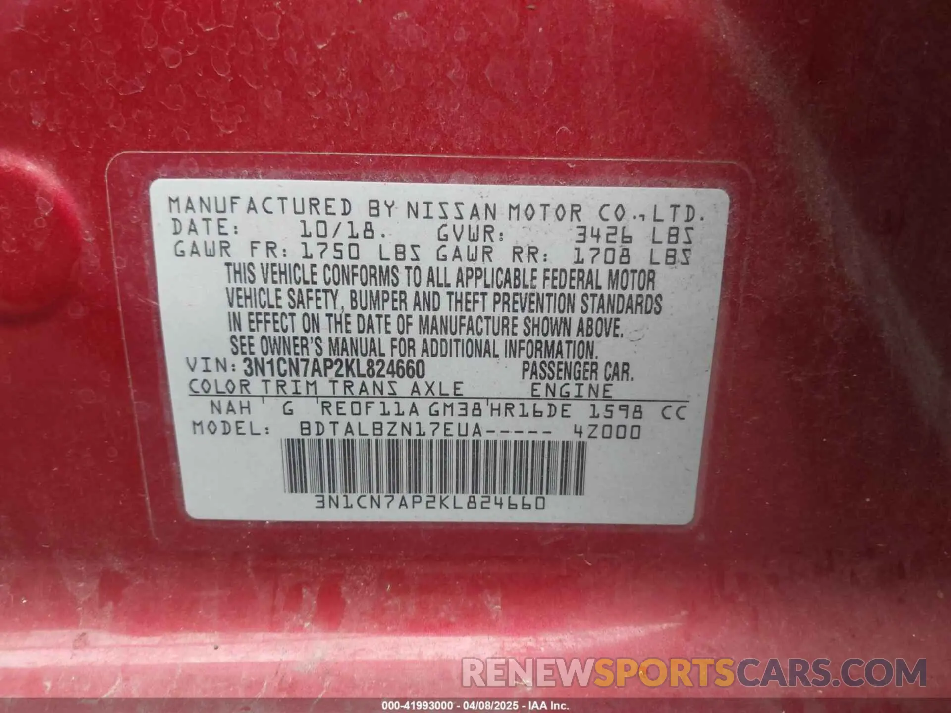 9 fotografías del automóvil dañado 3N1CN7AP2KL824660 NISSAN VERSA 2019