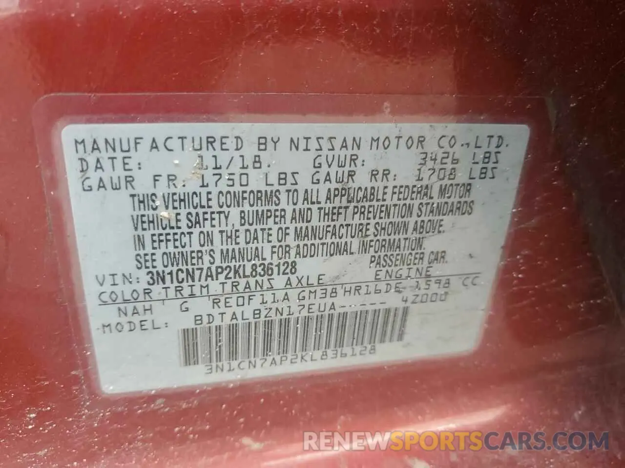 12 fotografías del automóvil dañado 3N1CN7AP2KL836128 NISSAN VERSA 2019