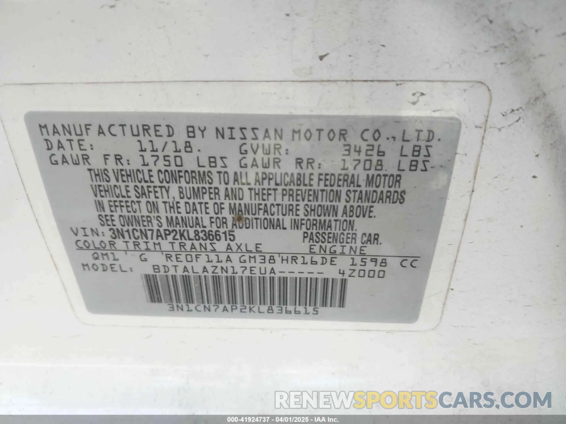 9 fotografías del automóvil dañado 3N1CN7AP2KL836615 NISSAN VERSA 2019
