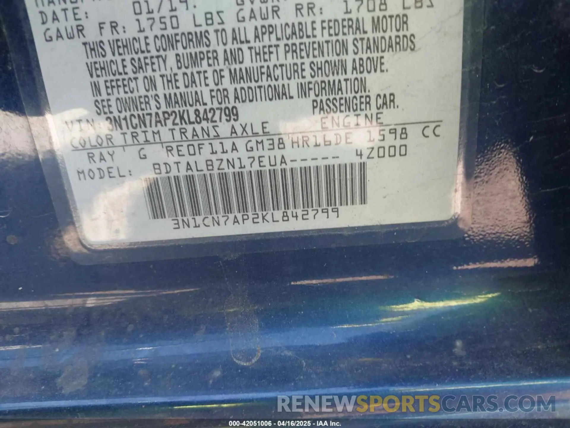 9 fotografías del automóvil dañado 3N1CN7AP2KL842799 NISSAN VERSA 2019