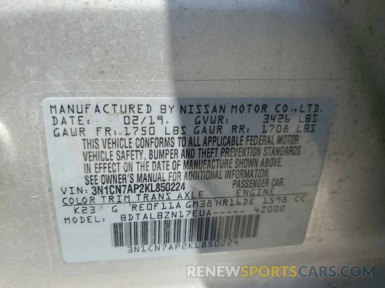 12 fotografías del automóvil dañado 3N1CN7AP2KL850224 NISSAN VERSA 2019