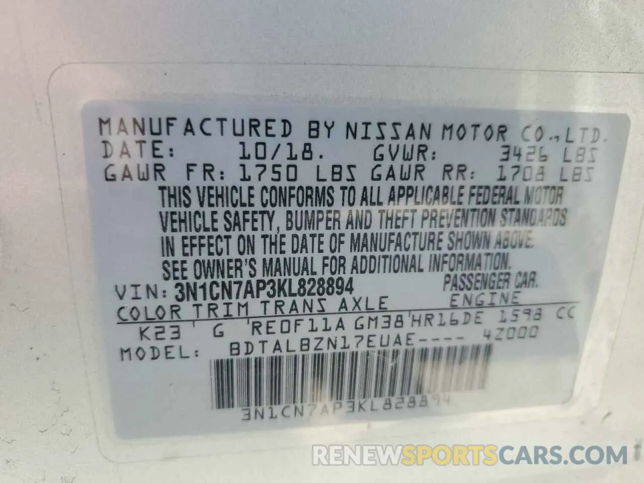 15 fotografías del automóvil dañado 3N1CN7AP3KL828894 NISSAN VERSA 2019