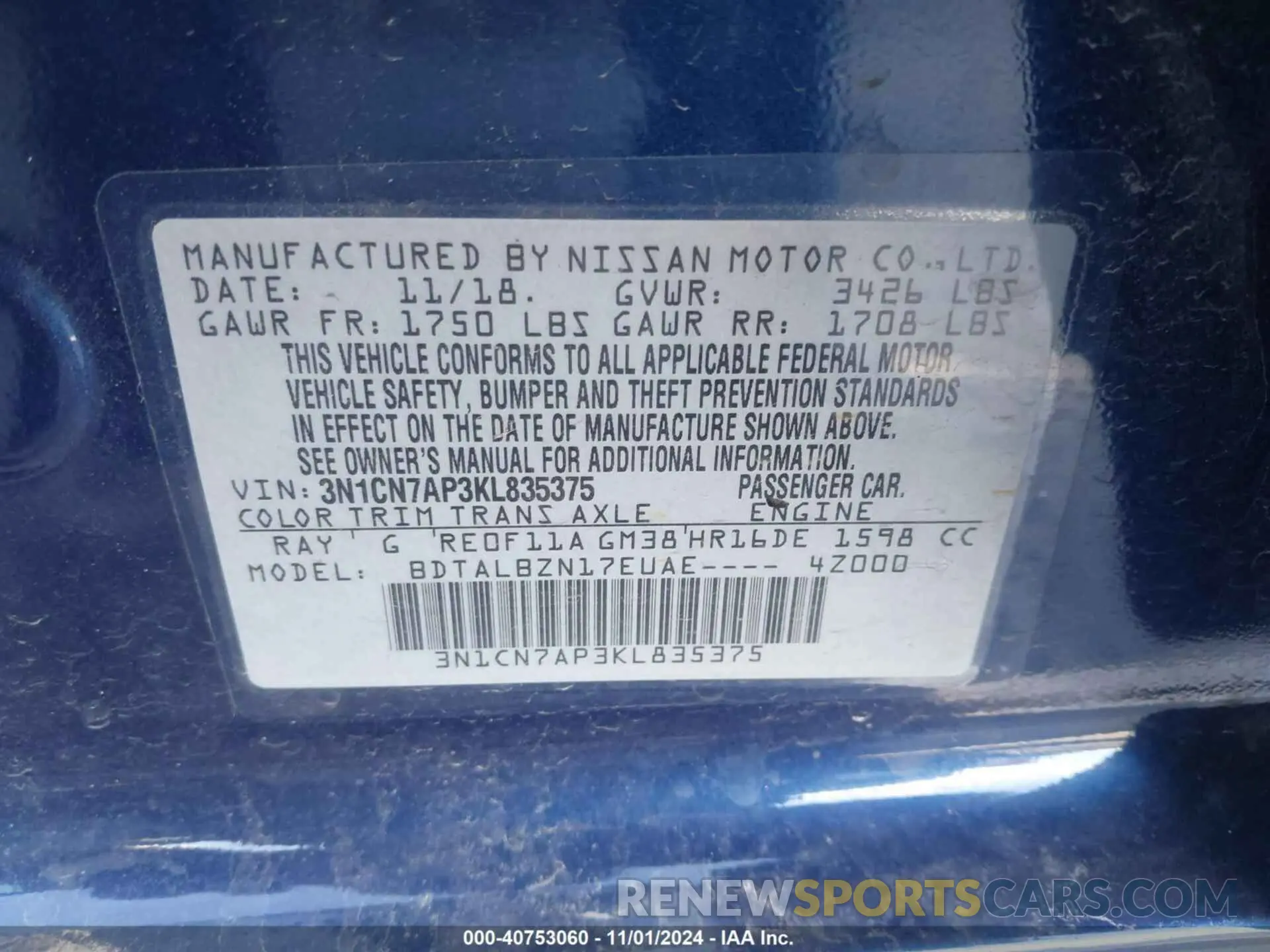 9 fotografías del automóvil dañado 3N1CN7AP3KL835375 NISSAN VERSA 2019