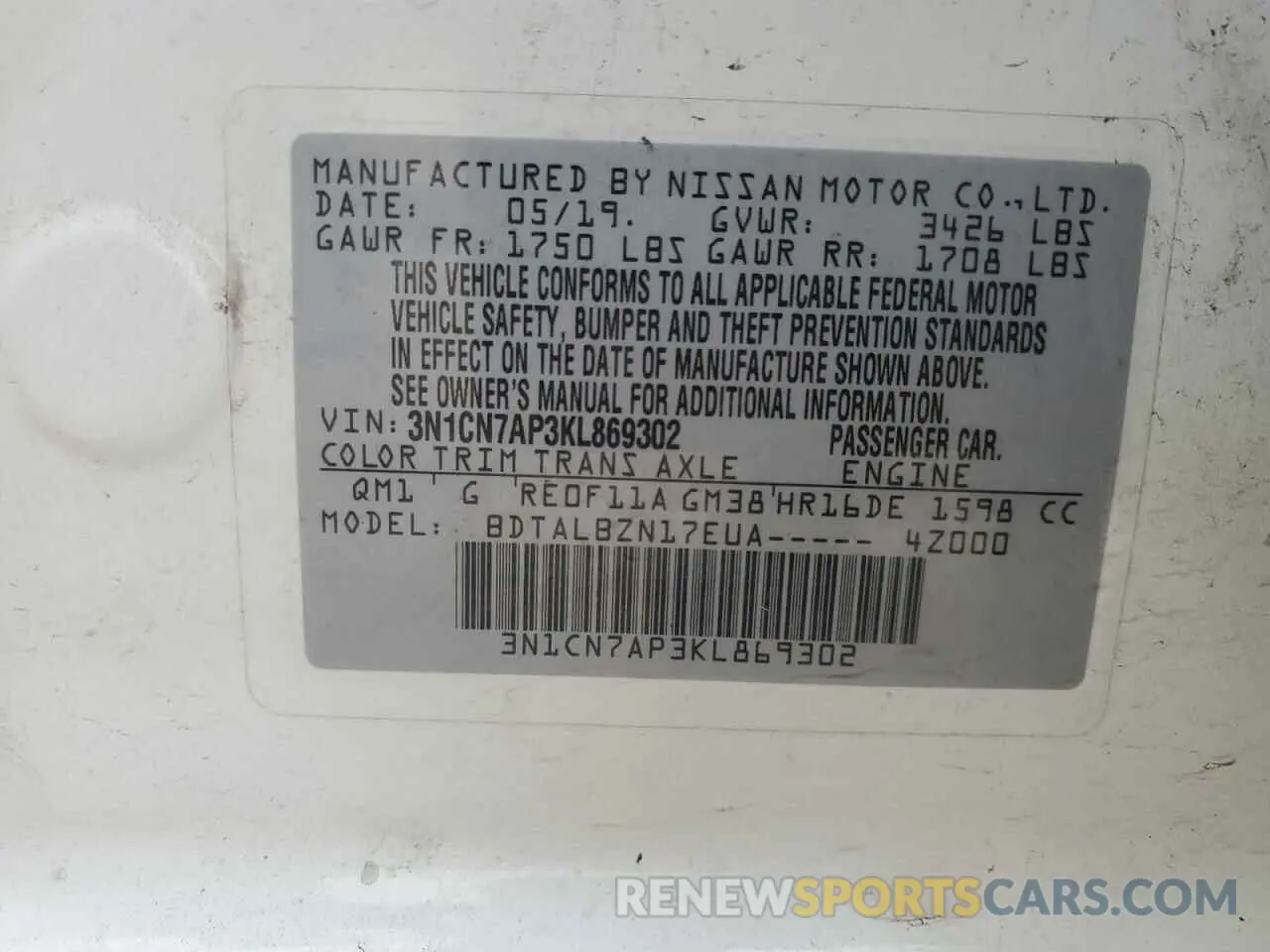 13 fotografías del automóvil dañado 3N1CN7AP3KL869302 NISSAN VERSA 2019