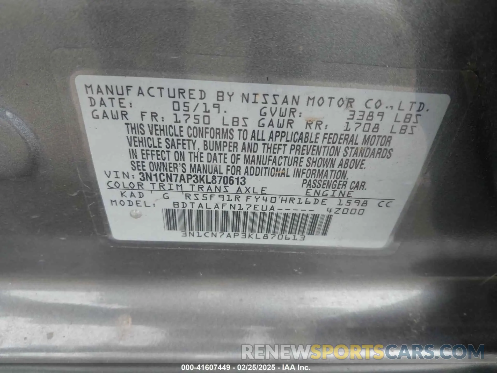 9 fotografías del automóvil dañado 3N1CN7AP3KL870613 NISSAN VERSA 2019