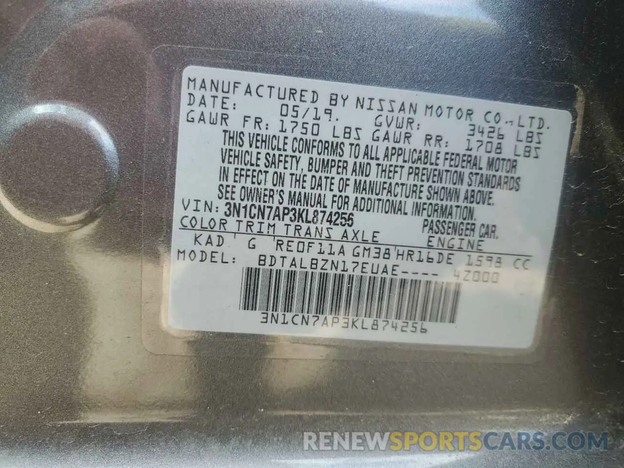 12 fotografías del automóvil dañado 3N1CN7AP3KL874256 NISSAN VERSA 2019