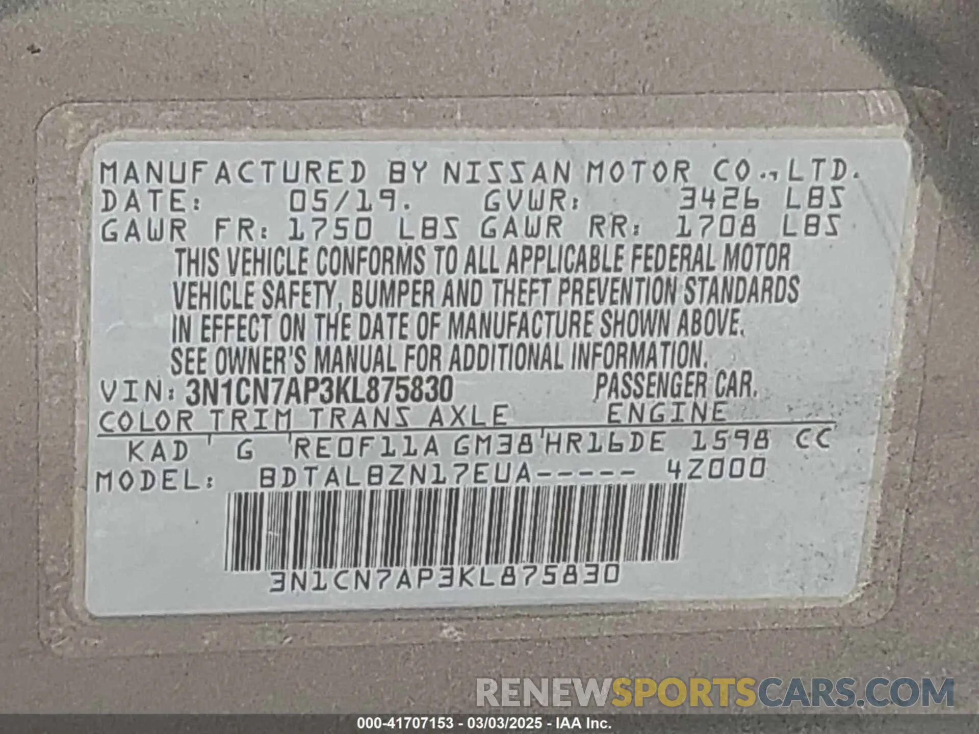 9 fotografías del automóvil dañado 3N1CN7AP3KL875830 NISSAN VERSA 2019