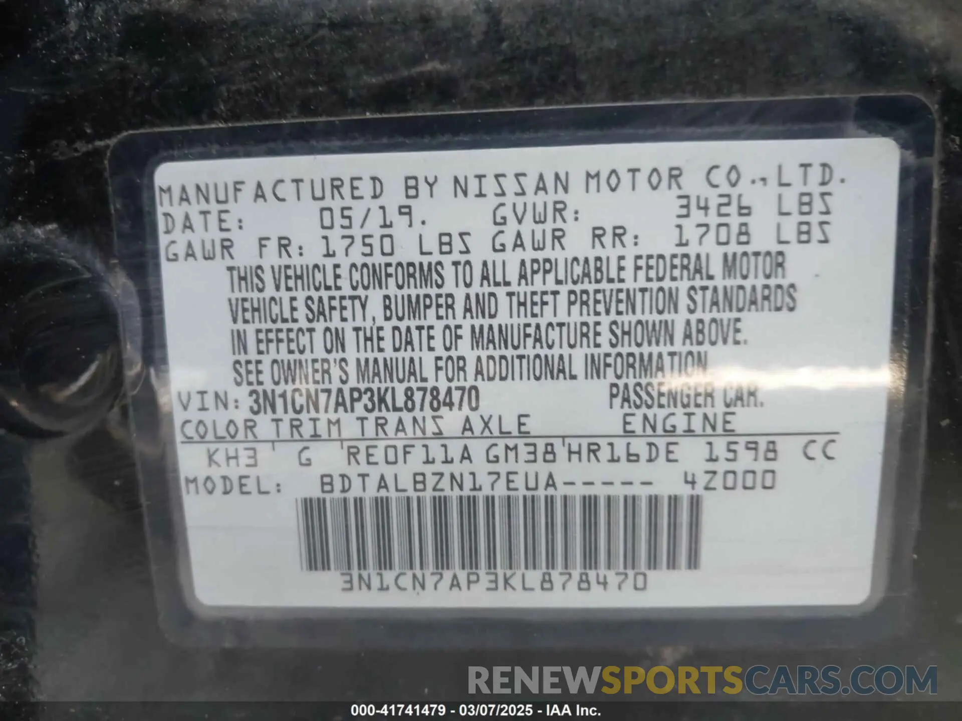 9 fotografías del automóvil dañado 3N1CN7AP3KL878470 NISSAN VERSA 2019