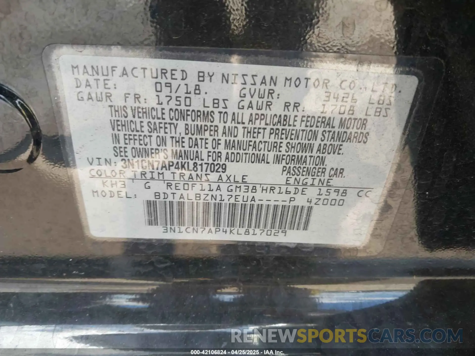9 fotografías del automóvil dañado 3N1CN7AP4KL817029 NISSAN VERSA 2019