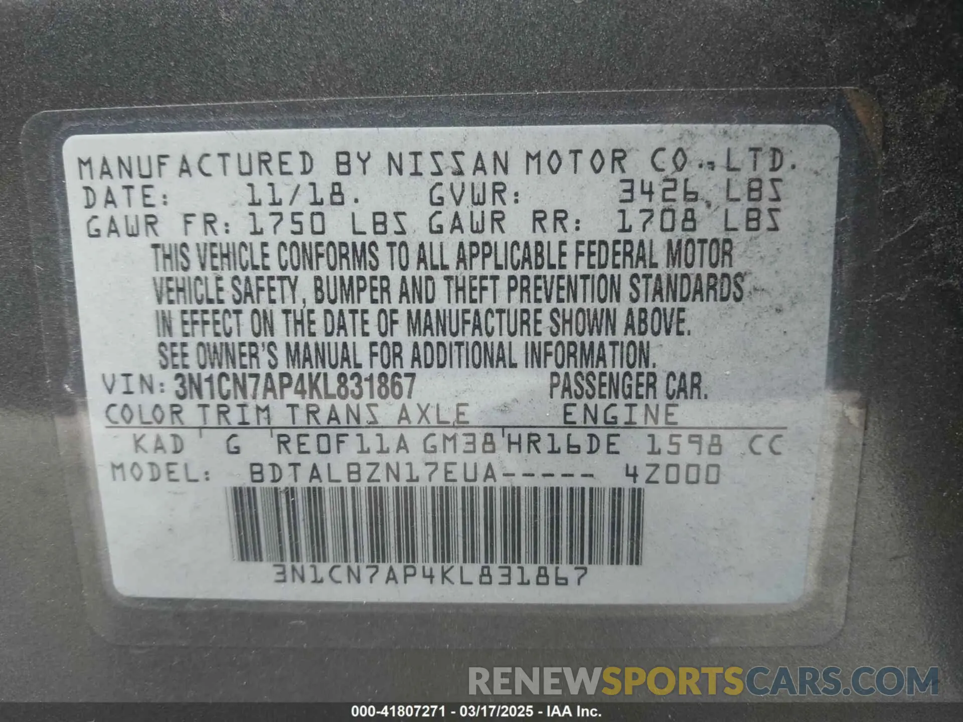 9 fotografías del automóvil dañado 3N1CN7AP4KL831867 NISSAN VERSA 2019