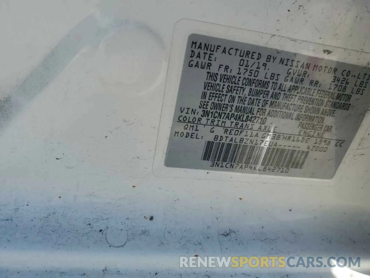 12 fotografías del automóvil dañado 3N1CN7AP4KL842710 NISSAN VERSA 2019