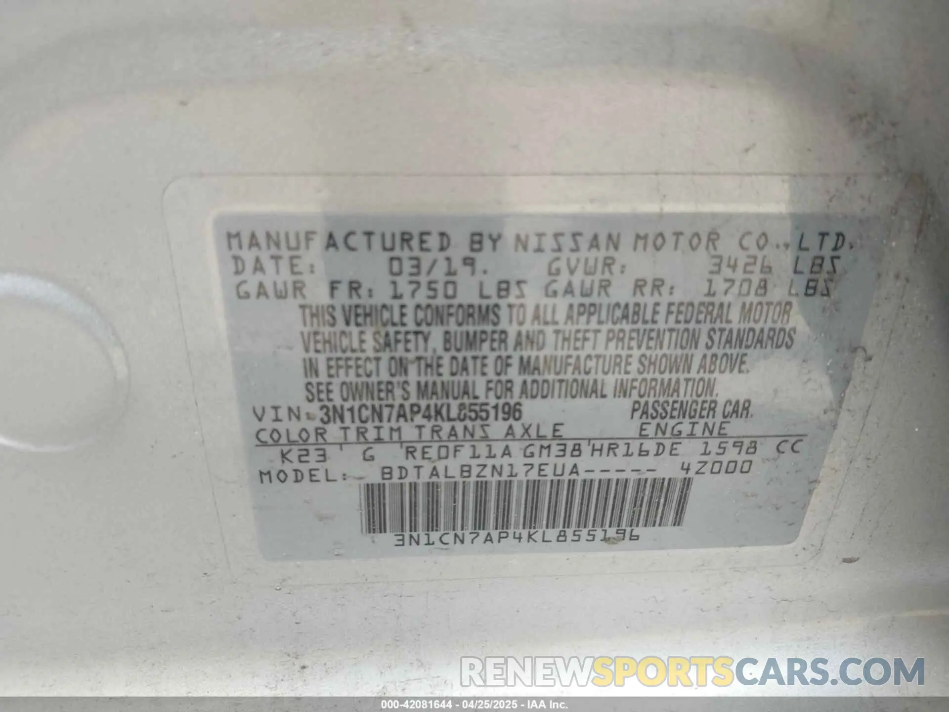 9 fotografías del automóvil dañado 3N1CN7AP4KL855196 NISSAN VERSA 2019