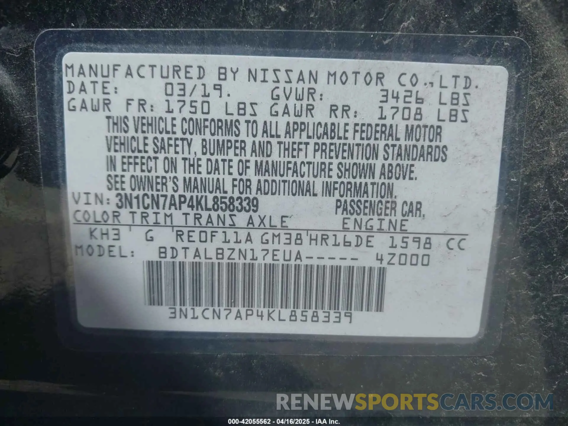 9 fotografías del automóvil dañado 3N1CN7AP4KL858339 NISSAN VERSA 2019