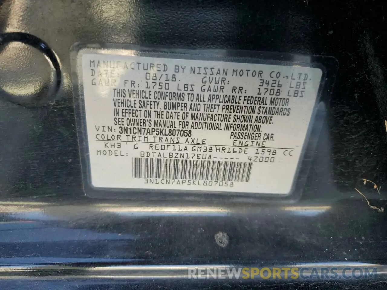 13 fotografías del automóvil dañado 3N1CN7AP5KL807058 NISSAN VERSA 2019