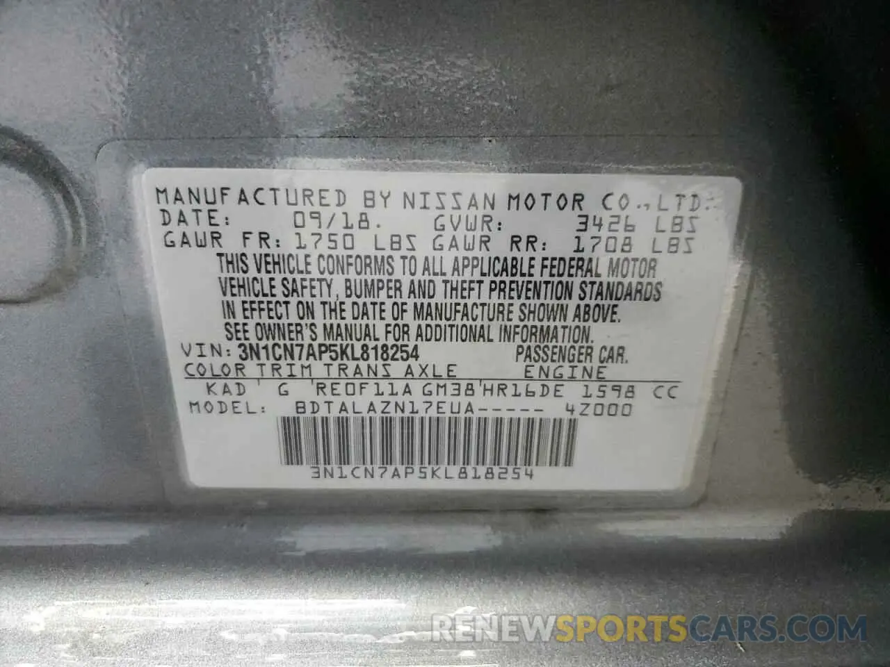 13 fotografías del automóvil dañado 3N1CN7AP5KL818254 NISSAN VERSA 2019