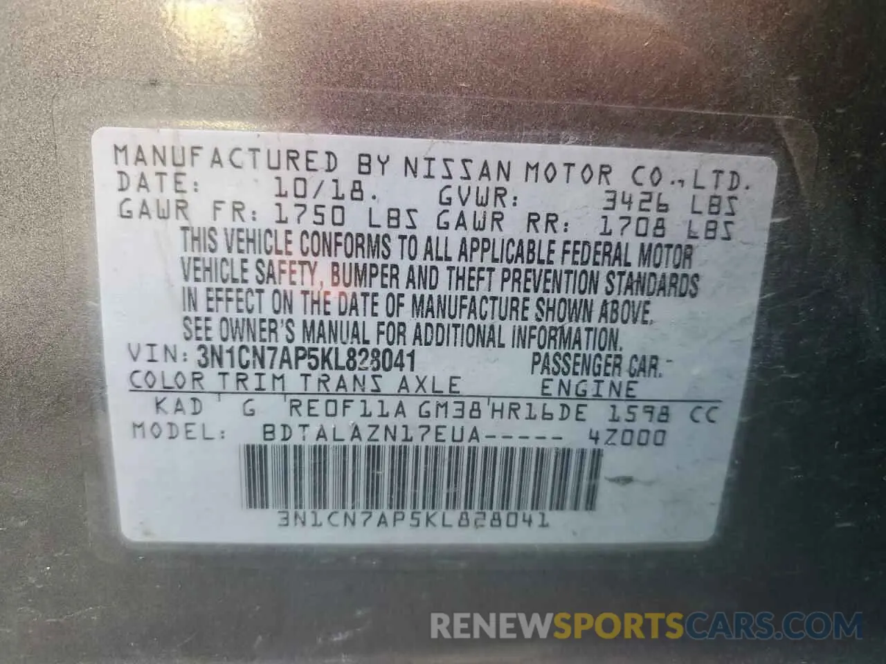 12 fotografías del automóvil dañado 3N1CN7AP5KL828041 NISSAN VERSA 2019