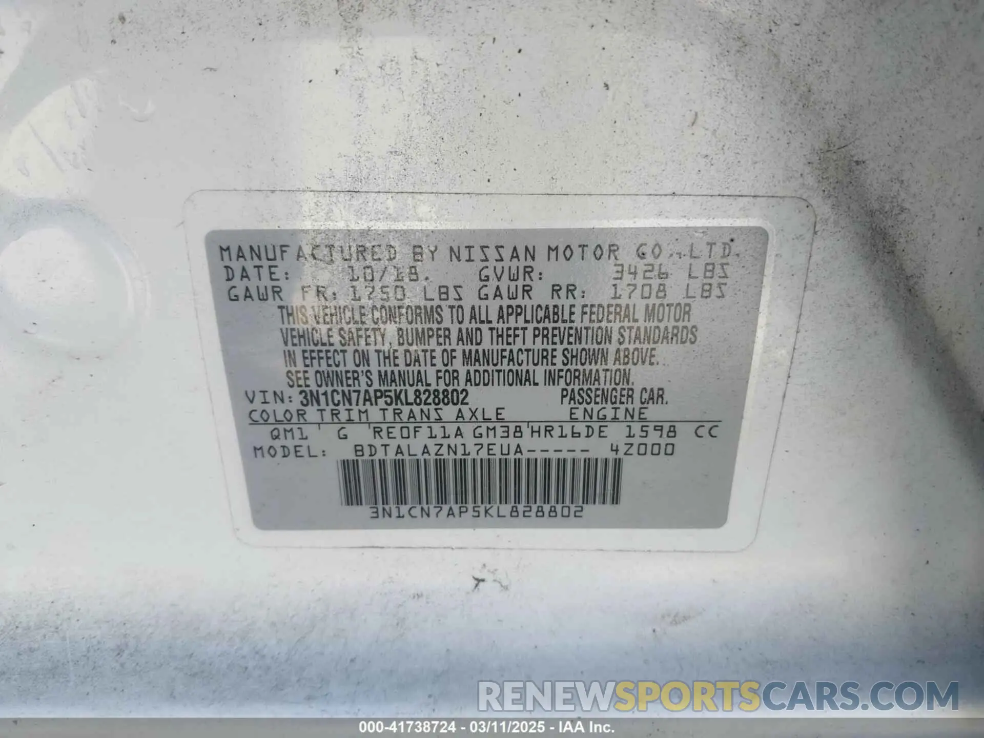 9 fotografías del automóvil dañado 3N1CN7AP5KL828802 NISSAN VERSA 2019