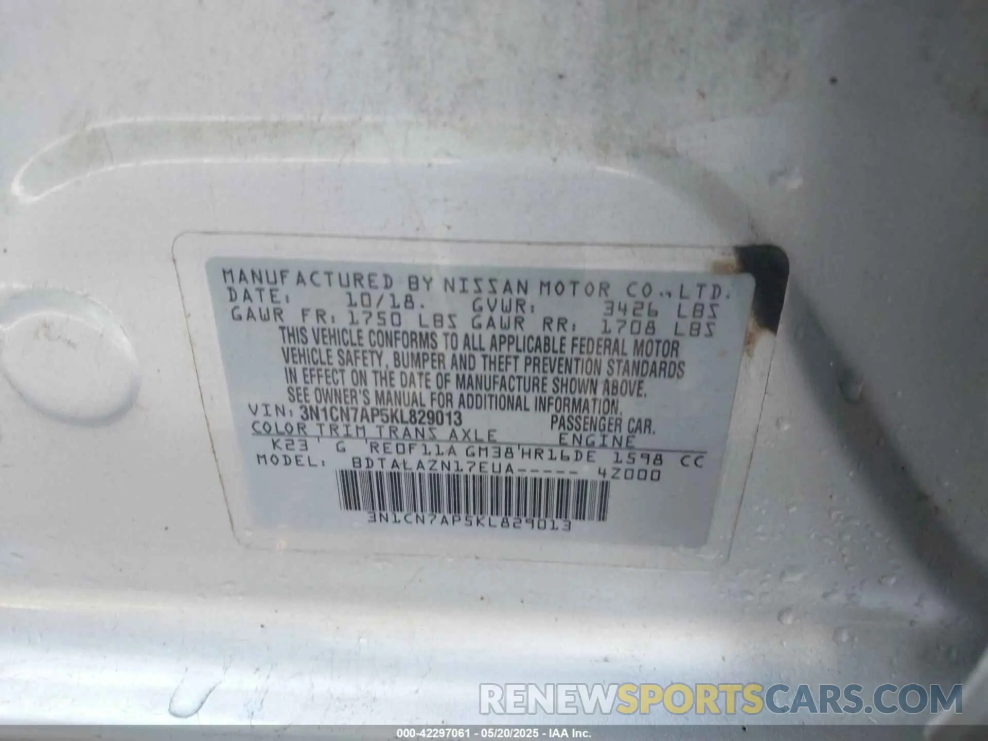 9 fotografías del automóvil dañado 3N1CN7AP5KL829013 NISSAN VERSA 2019