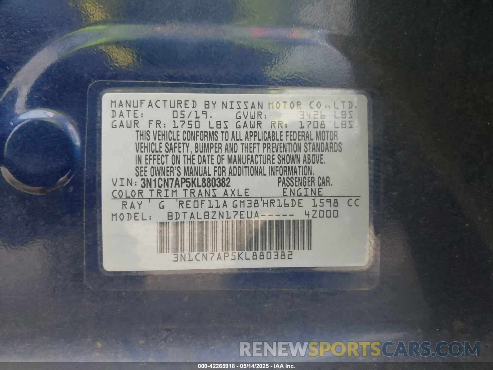 9 fotografías del automóvil dañado 3N1CN7AP5KL880382 NISSAN VERSA 2019