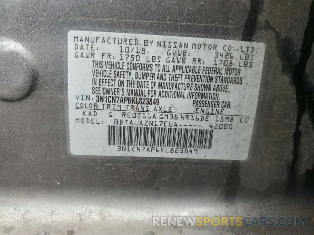 12 fotografías del automóvil dañado 3N1CN7AP6KL823849 NISSAN VERSA 2019