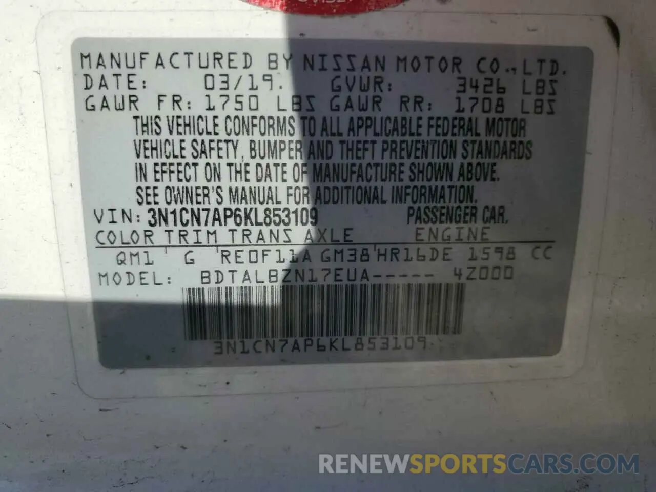 12 fotografías del automóvil dañado 3N1CN7AP6KL853109 NISSAN VERSA 2019