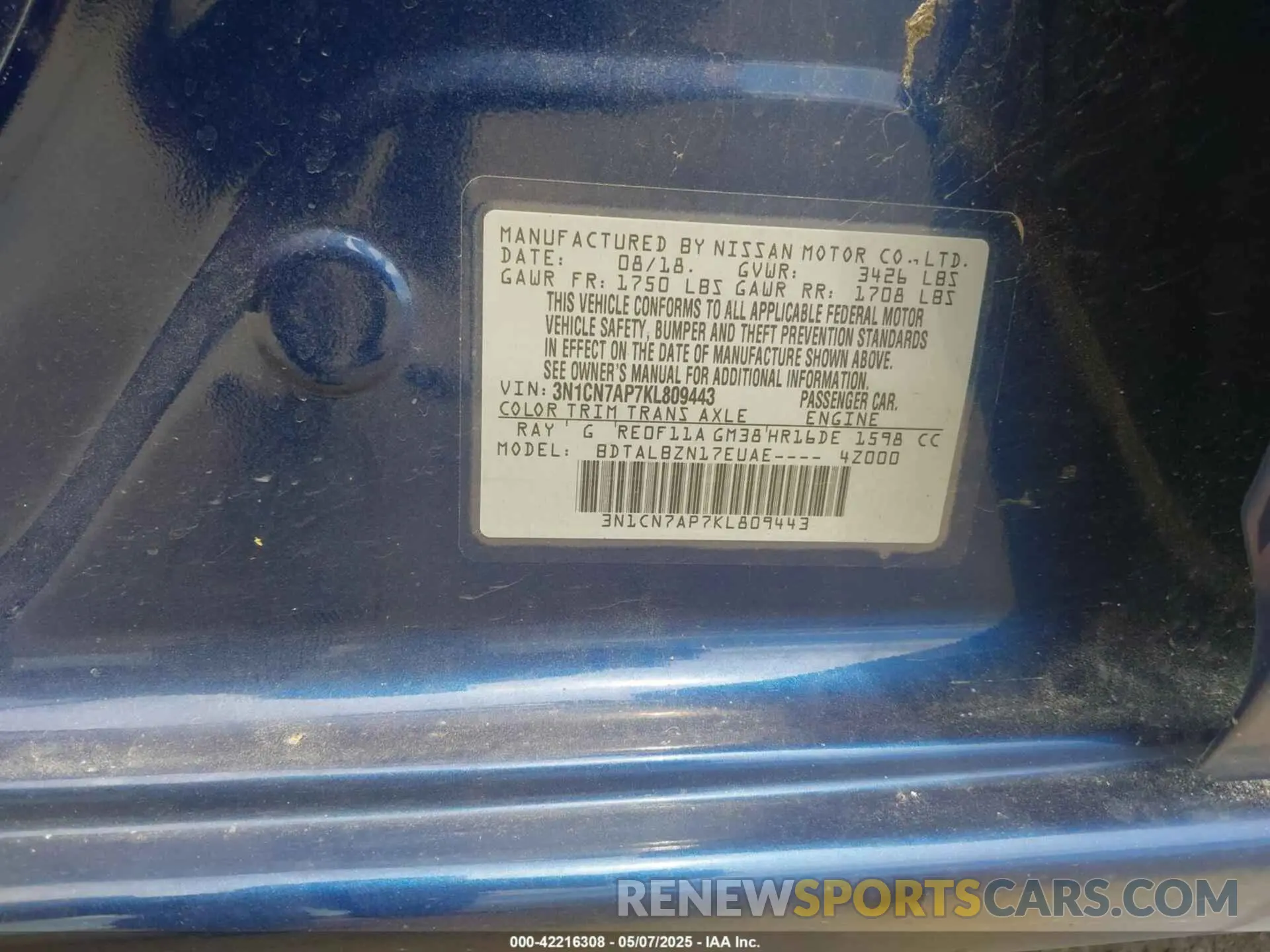9 fotografías del automóvil dañado 3N1CN7AP7KL809443 NISSAN VERSA 2019