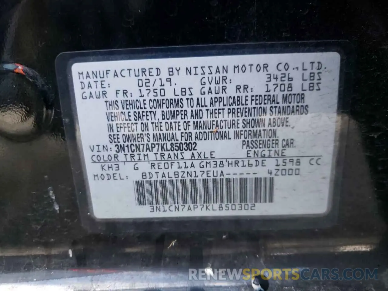 12 fotografías del automóvil dañado 3N1CN7AP7KL850302 NISSAN VERSA 2019
