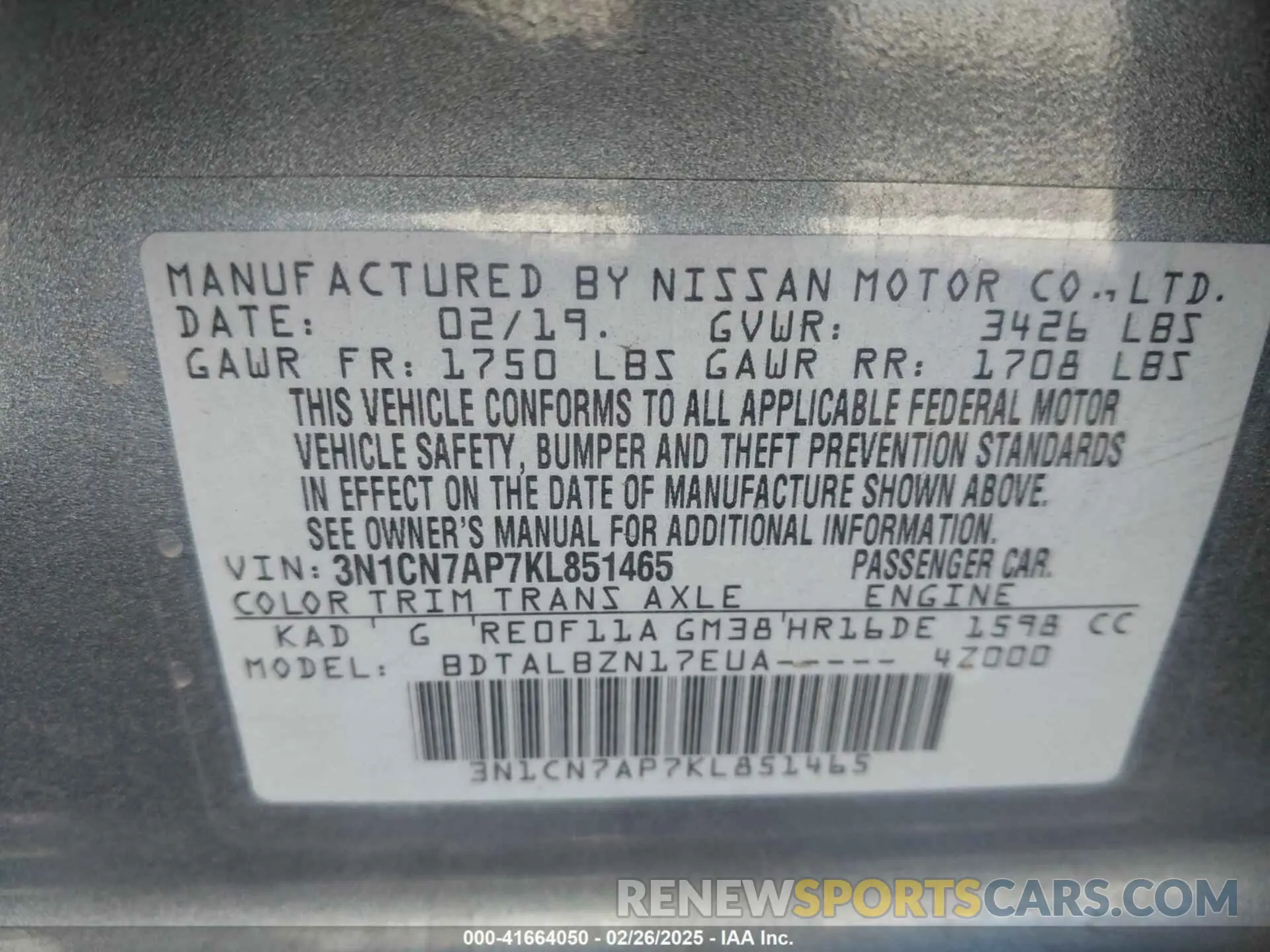 9 fotografías del automóvil dañado 3N1CN7AP7KL851465 NISSAN VERSA 2019