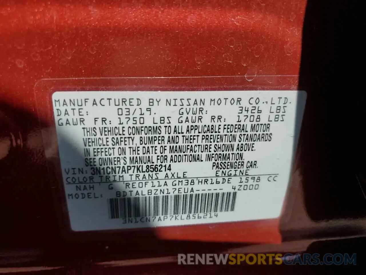 13 fotografías del automóvil dañado 3N1CN7AP7KL856214 NISSAN VERSA 2019