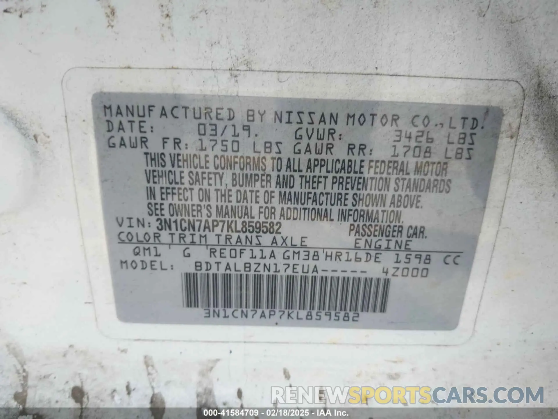 9 fotografías del automóvil dañado 3N1CN7AP7KL859582 NISSAN VERSA 2019