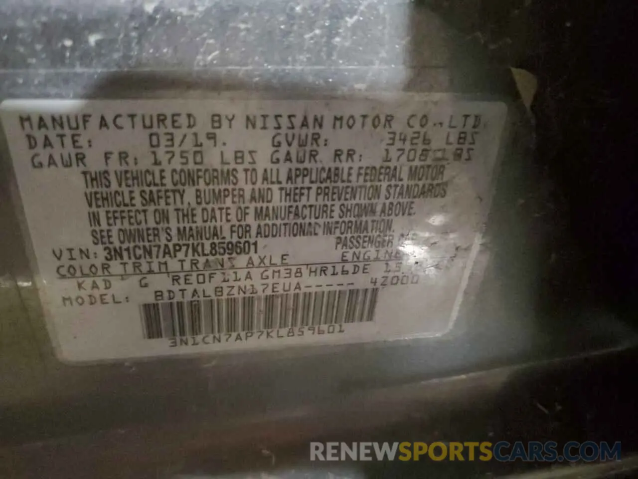 12 fotografías del automóvil dañado 3N1CN7AP7KL859601 NISSAN VERSA 2019