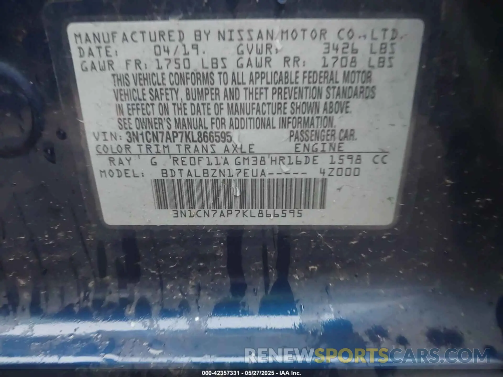9 fotografías del automóvil dañado 3N1CN7AP7KL866595 NISSAN VERSA 2019