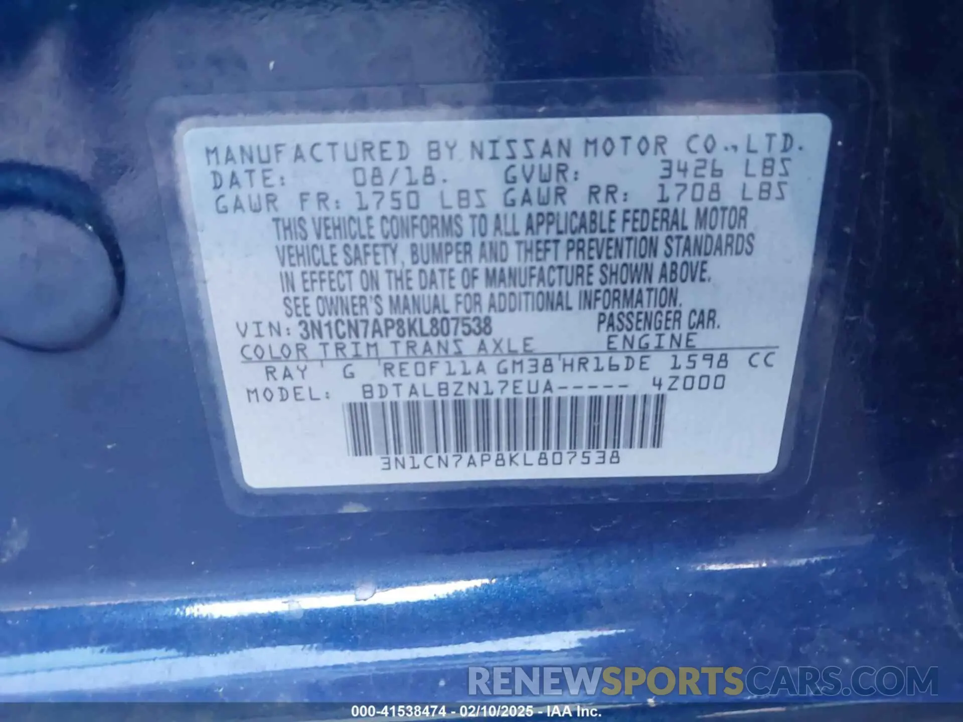 9 fotografías del automóvil dañado 3N1CN7AP8KL807538 NISSAN VERSA 2019