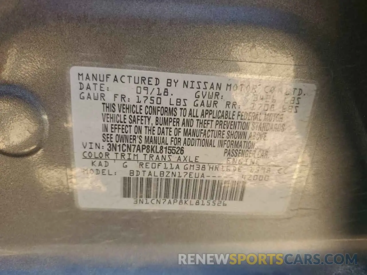 12 fotografías del automóvil dañado 3N1CN7AP8KL815526 NISSAN VERSA 2019