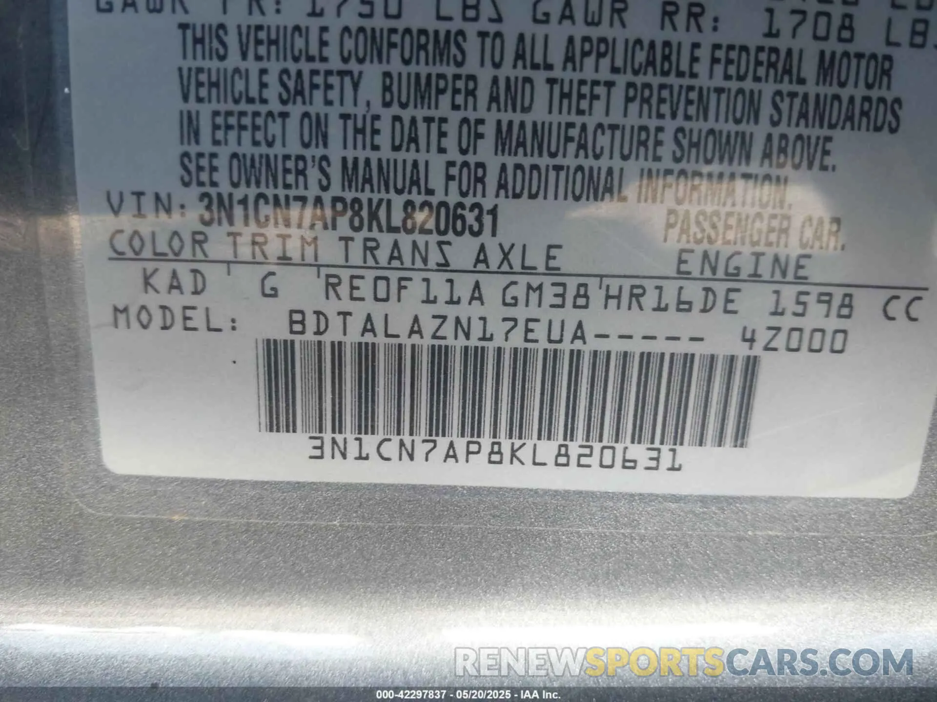 9 fotografías del automóvil dañado 3N1CN7AP8KL820631 NISSAN VERSA 2019