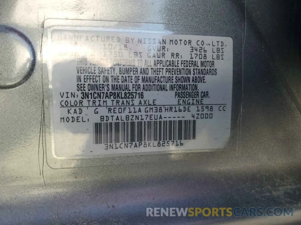 12 fotografías del automóvil dañado 3N1CN7AP8KL825716 NISSAN VERSA 2019