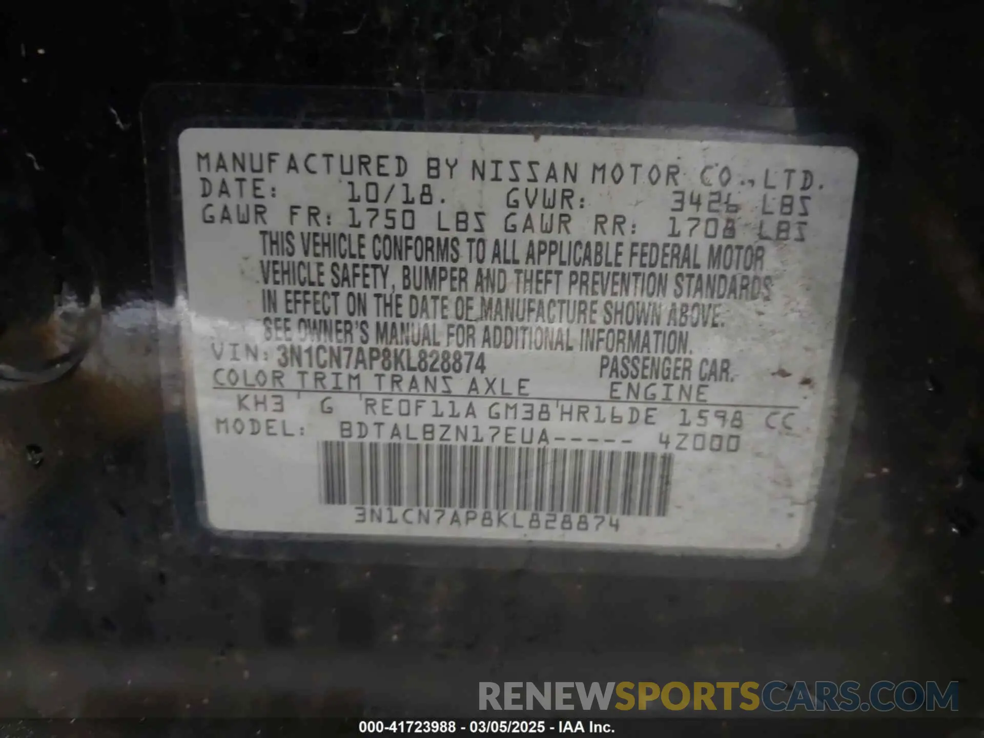 9 fotografías del automóvil dañado 3N1CN7AP8KL828874 NISSAN VERSA 2019