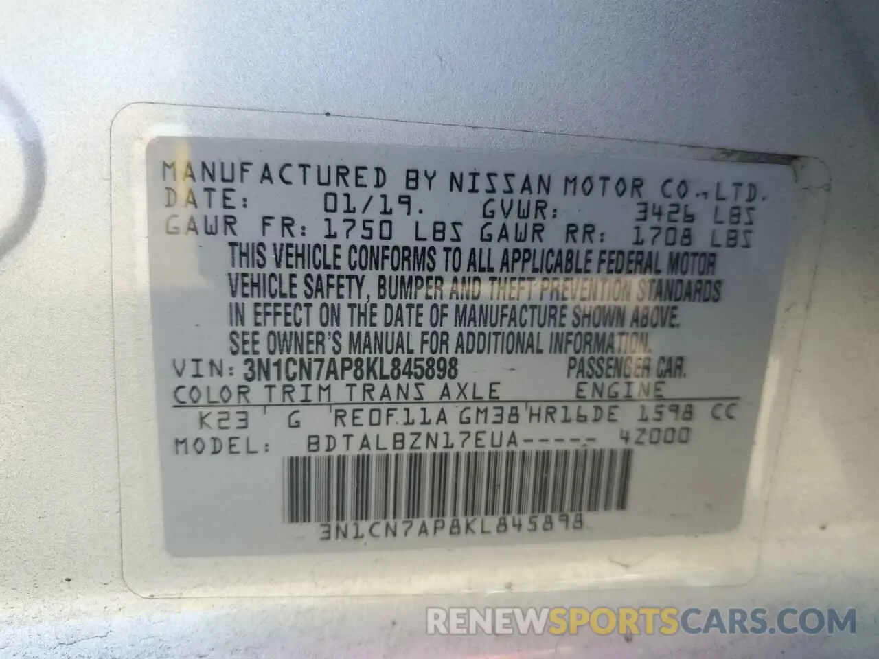 12 fotografías del automóvil dañado 3N1CN7AP8KL845898 NISSAN VERSA 2019