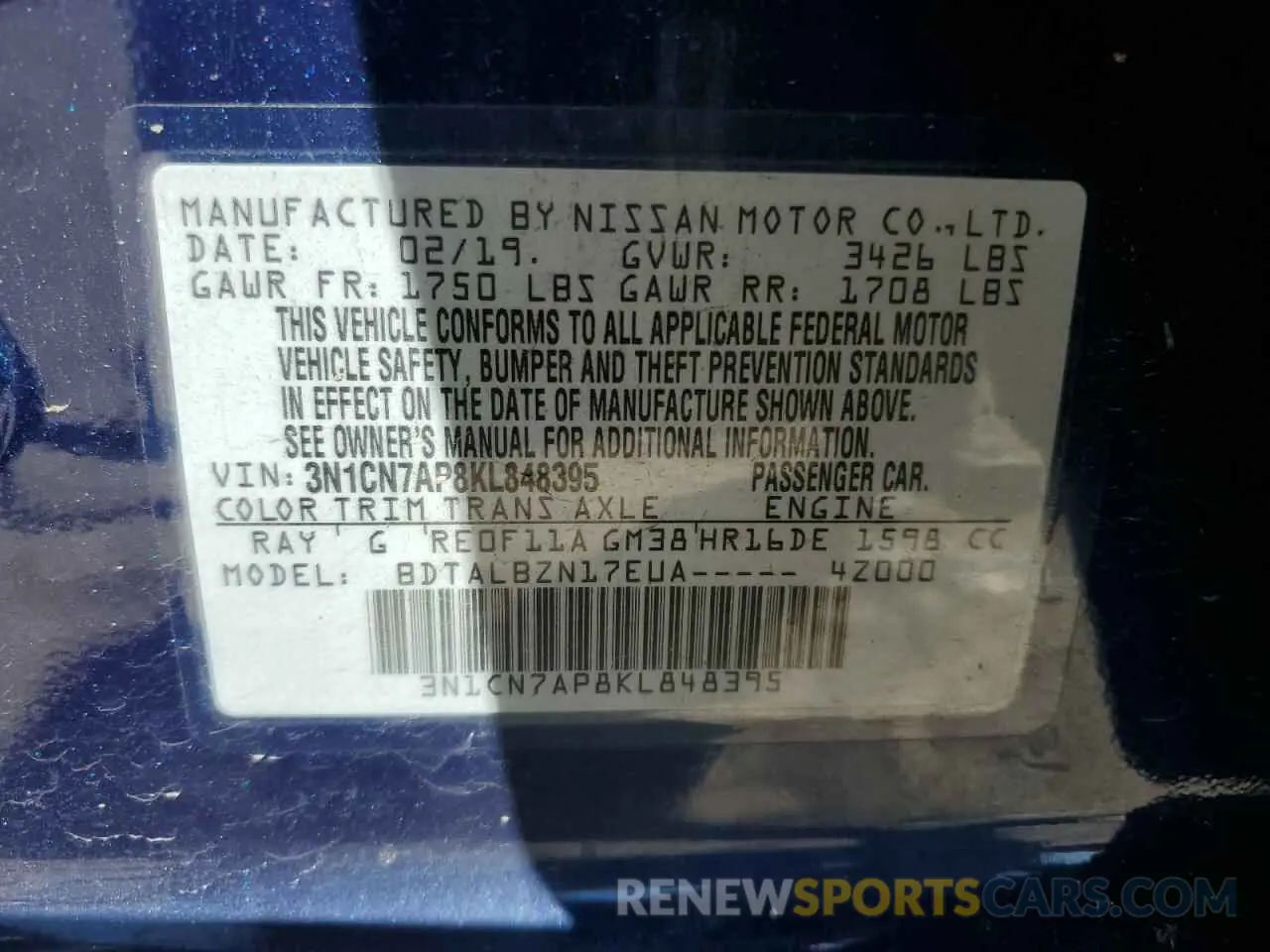 14 fotografías del automóvil dañado 3N1CN7AP8KL848395 NISSAN VERSA 2019