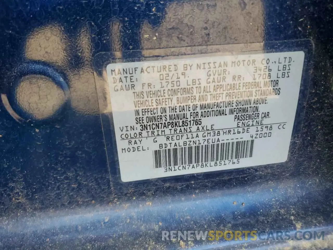 12 fotografías del automóvil dañado 3N1CN7AP8KL851765 NISSAN VERSA 2019