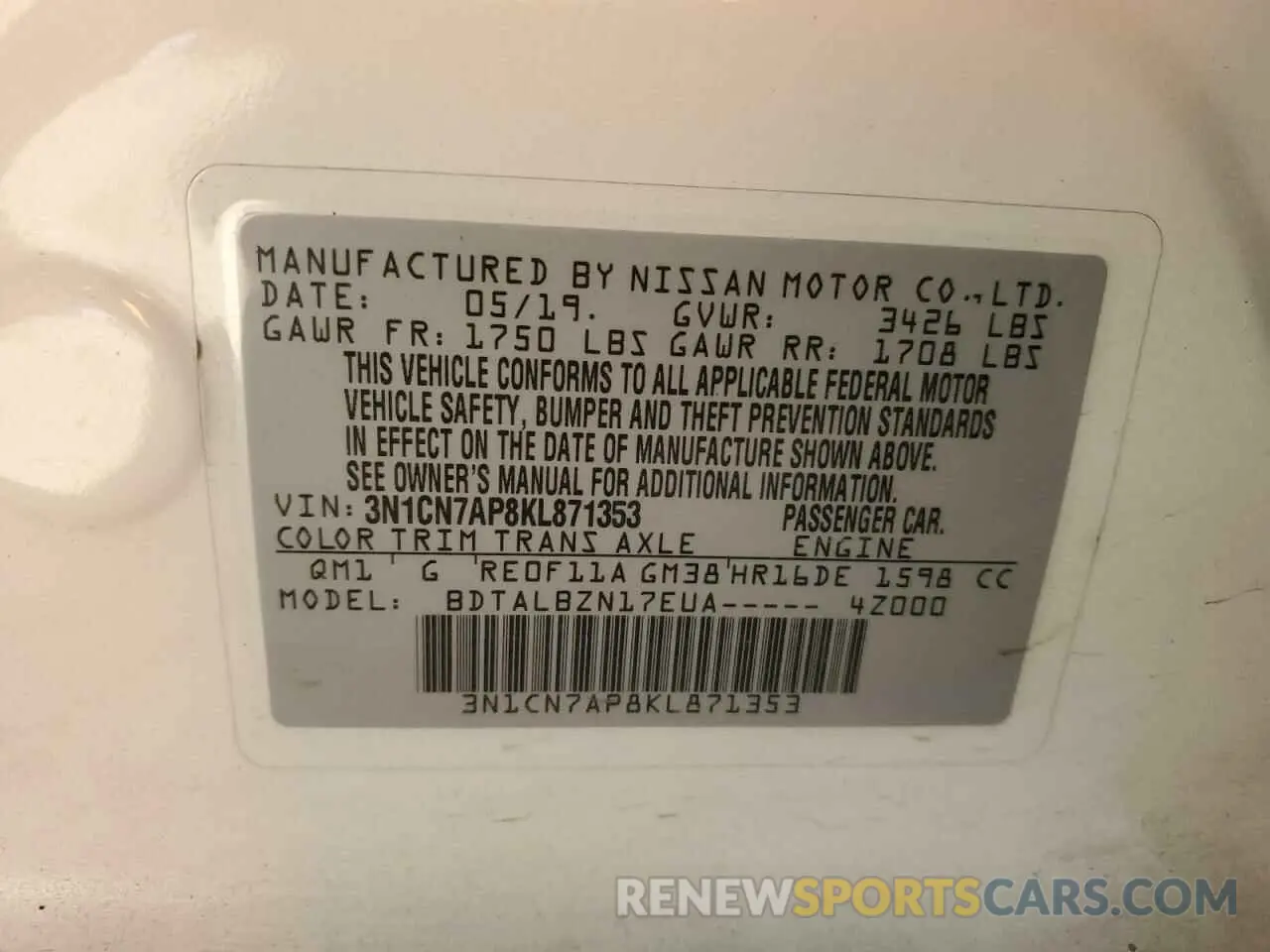 15 fotografías del automóvil dañado 3N1CN7AP8KL871353 NISSAN VERSA 2019
