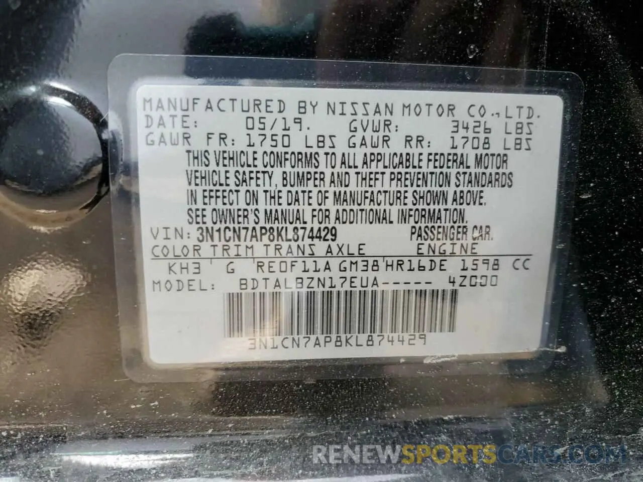 13 fotografías del automóvil dañado 3N1CN7AP8KL874429 NISSAN VERSA 2019