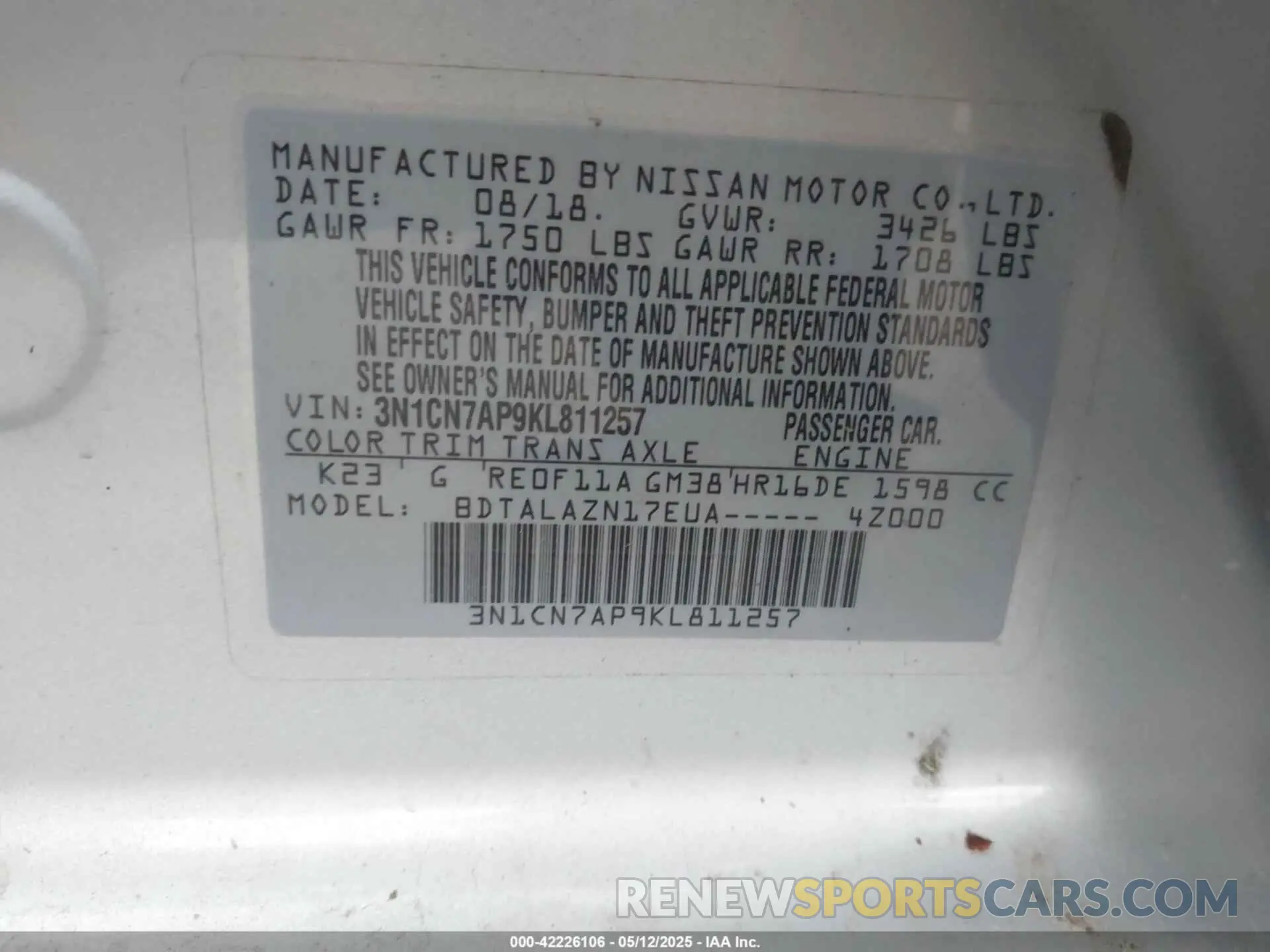 9 fotografías del automóvil dañado 3N1CN7AP9KL811257 NISSAN VERSA 2019