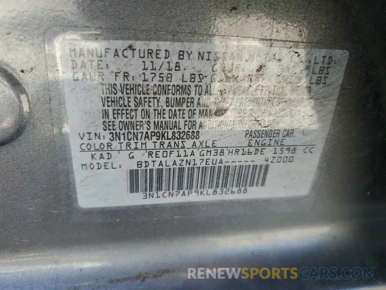 12 fotografías del automóvil dañado 3N1CN7AP9KL832688 NISSAN VERSA 2019