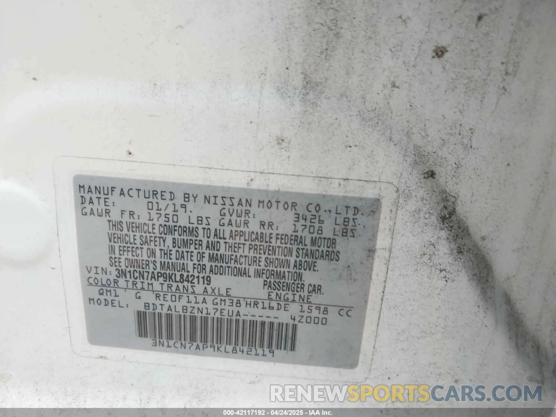 9 fotografías del automóvil dañado 3N1CN7AP9KL842119 NISSAN VERSA 2019