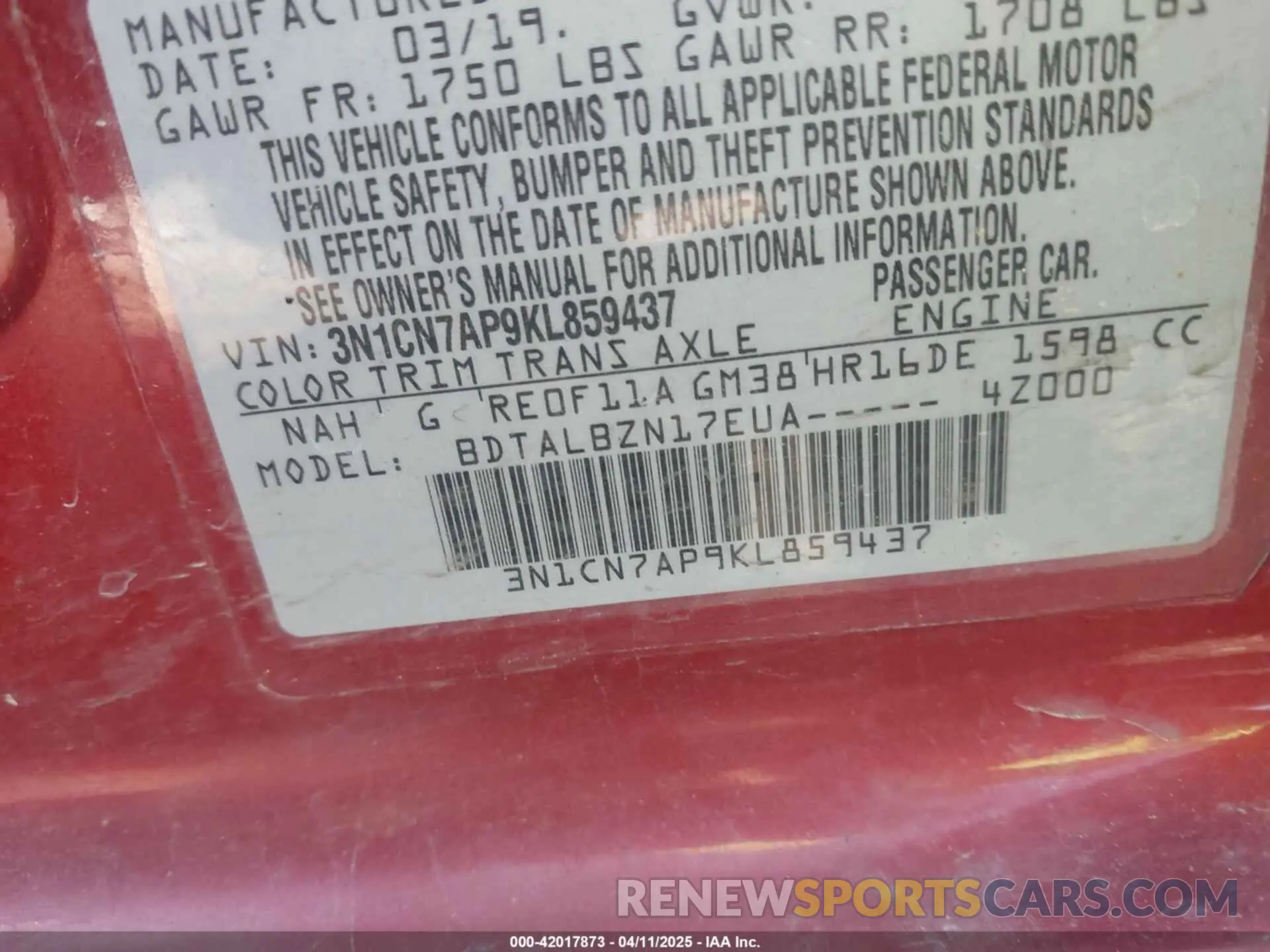9 fotografías del automóvil dañado 3N1CN7AP9KL859437 NISSAN VERSA 2019