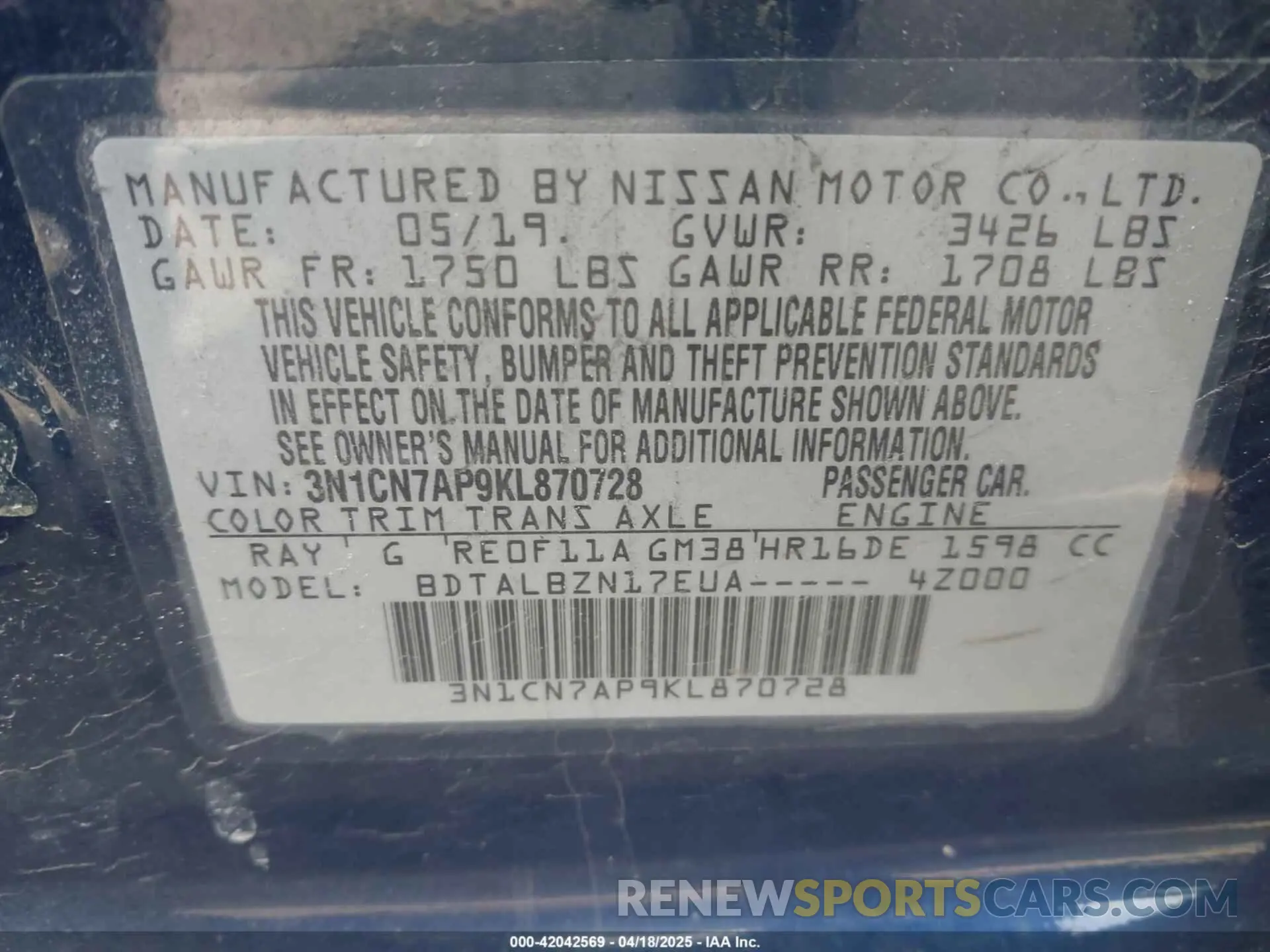 9 fotografías del automóvil dañado 3N1CN7AP9KL870728 NISSAN VERSA 2019