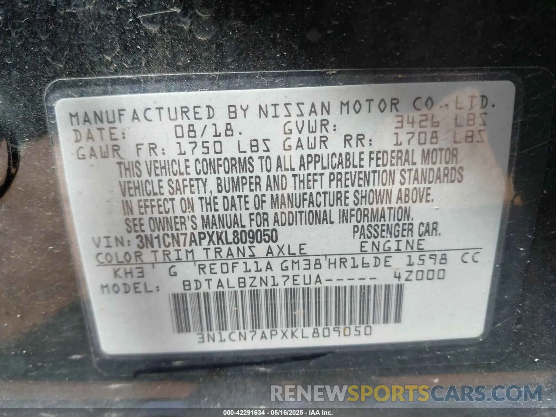 9 fotografías del automóvil dañado 3N1CN7APXKL809050 NISSAN VERSA 2019